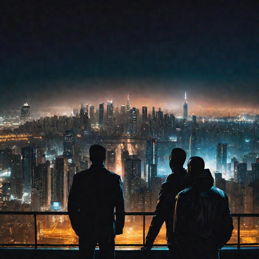 Ночной городской пейзаж с тысячами огней внизу. На переднем плане три силуэта мужчин на крыше, глядящих на панораму. Темные силуэты на фоне ярких огней города. Их позы передают чувство товарищества. Драматичное кинематографическое освещение, низкий угол к