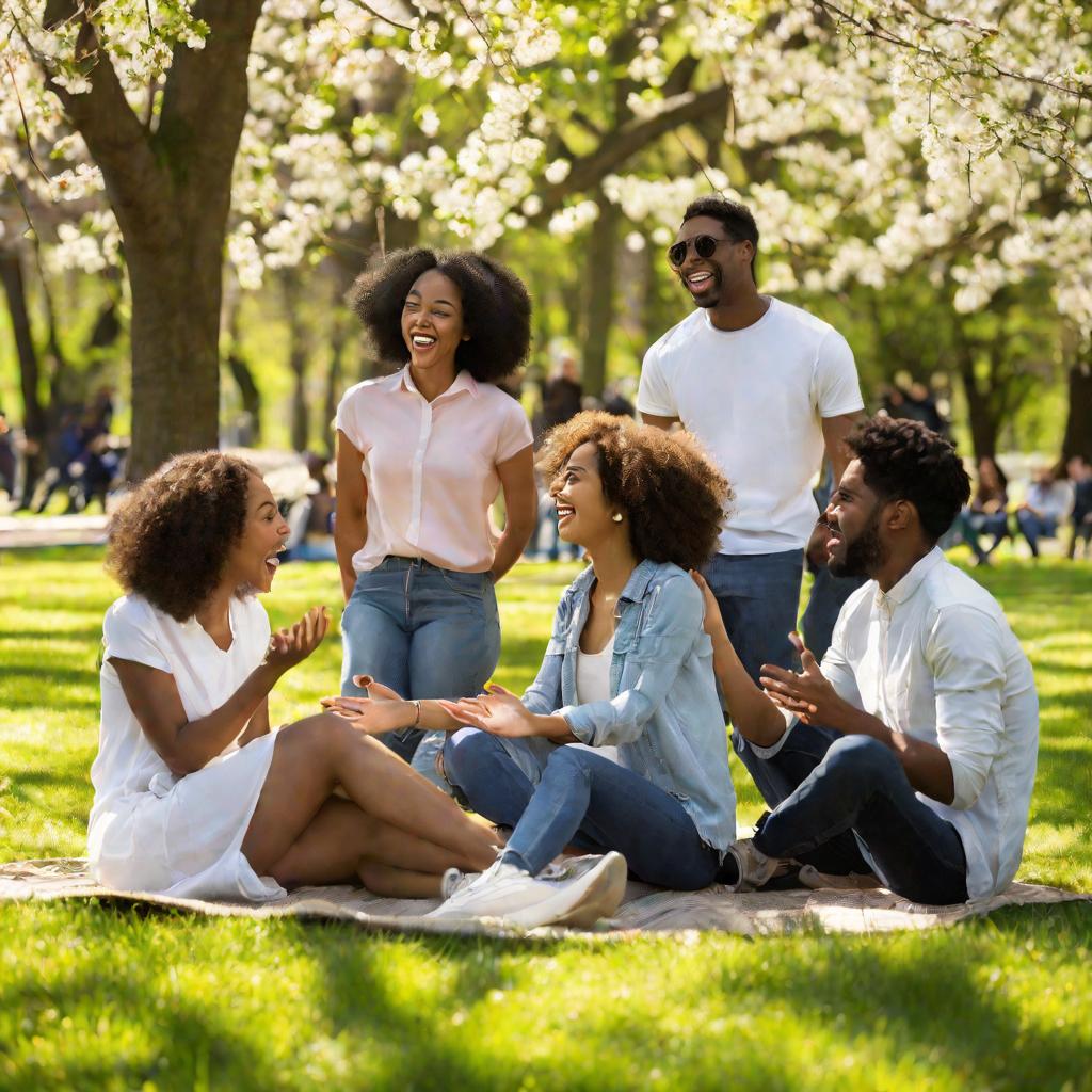 Группа из пяти молодых людей разного вида сидят вместе в парке в солнечный весенний день. Непринужденные позы, оживленная беседа. Жестикулирующая девушка, заинтересованно слушающие другие. Солнечный свет сквозь деревья создает узор на их одежде. Несмотря 
