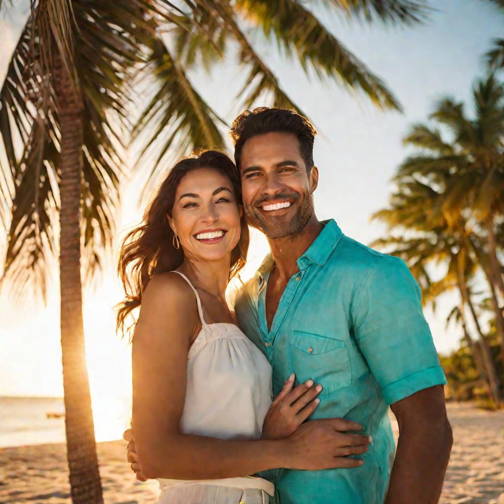 Портрет счастливой пары на тропическом пляже на закате