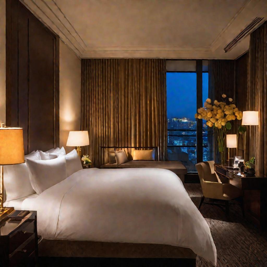 Вид сверху на двуспальную кровать в стильном отеле ночью