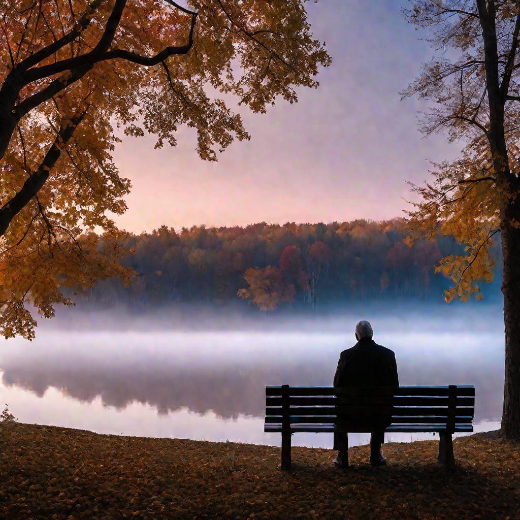 Осенний парк в сумерках. Мужчина сидит на скамейке в раздумьях.