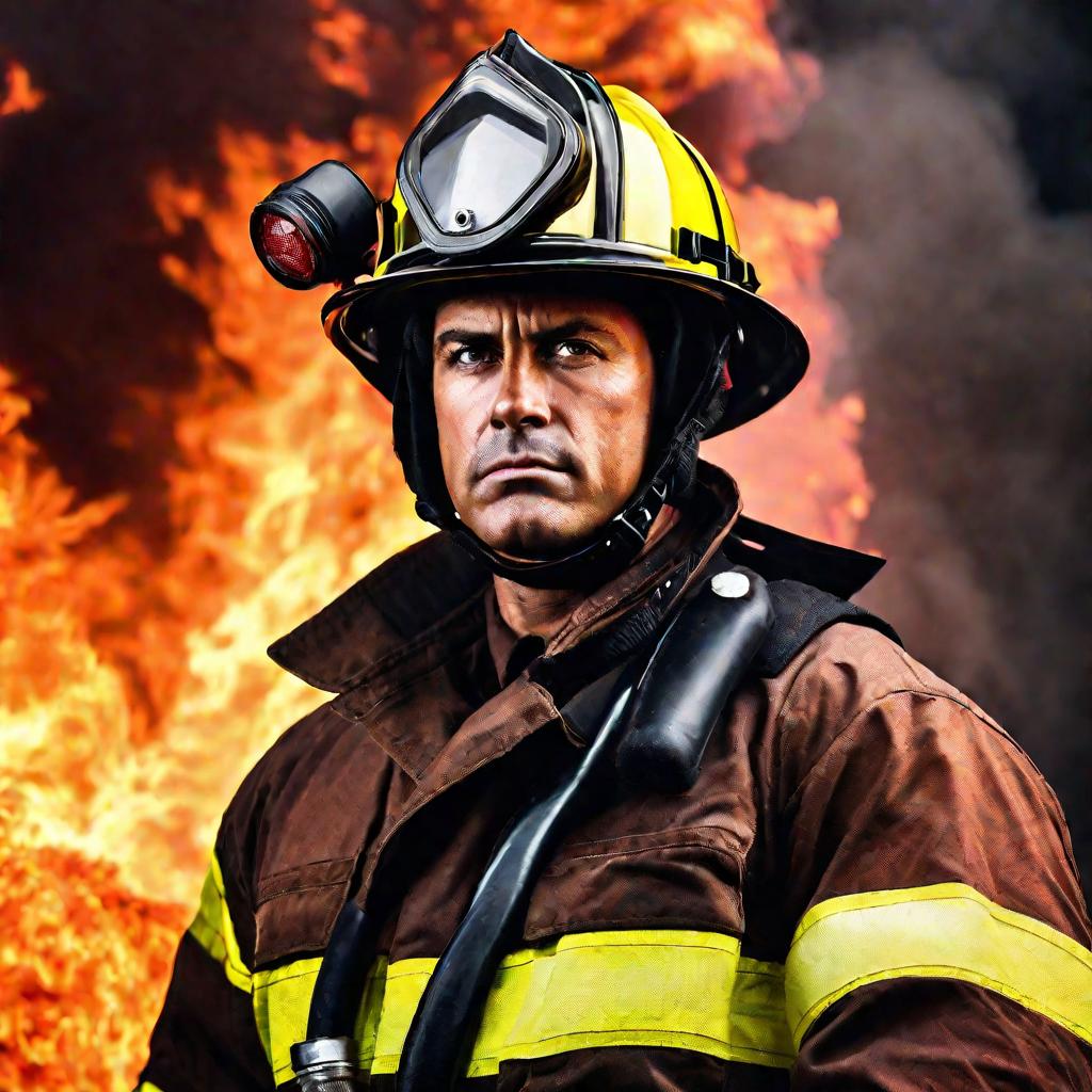 Крупный портрет пожарного в полном снаряжении, героически стоящего на фоне бушующего пламени позади него. Его решительное выражение лица передает мужество и стойкость.
