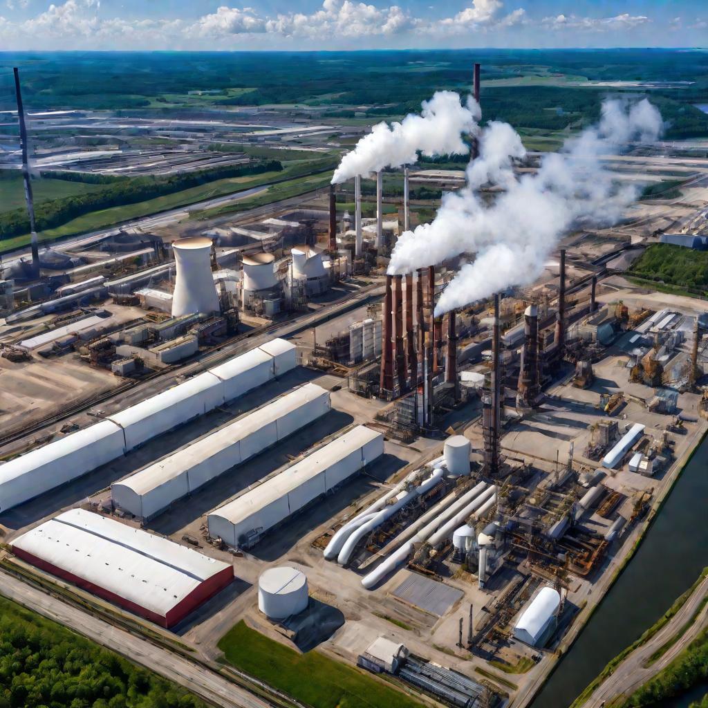 Вид сверху на большой промышленный завод с множеством зданий и высоких труб в солнечный день с голубым небом и белыми облаками