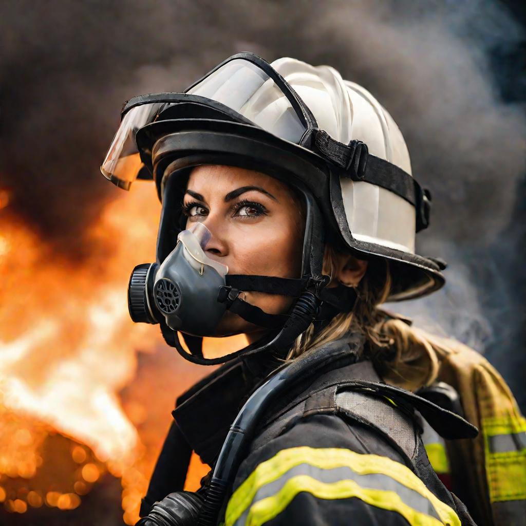Портрет решительной пожарной в каске и маске, на фоне огня и дыма.