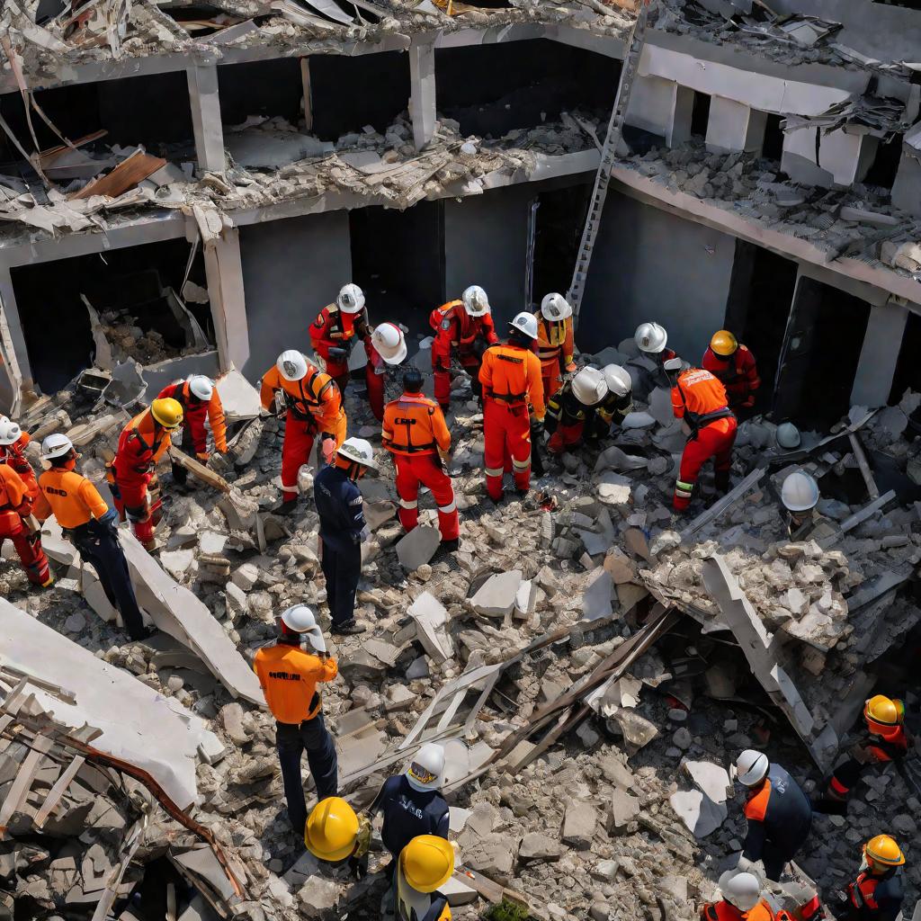 Спасатели обследуют завалы разрушенного здания после землетрясения, ища выживших.
