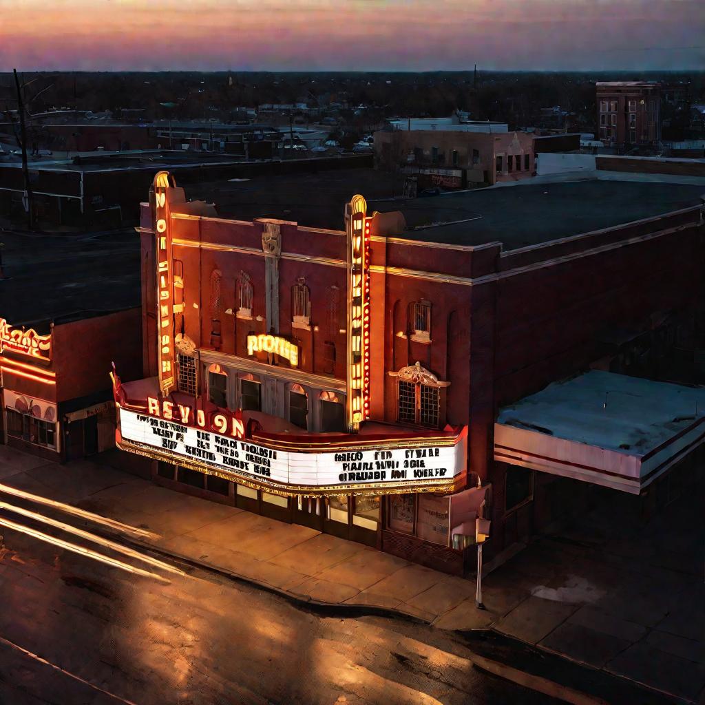 Вид сверху на старый кинотеатр на закате