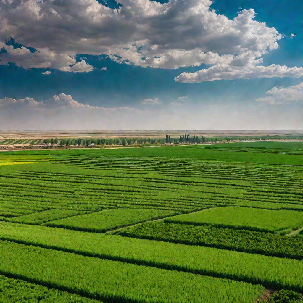 Широкий живописный вид на плодородные зеленые сельскохозяйственные угодья Узбекистана в ясный солнечный день.