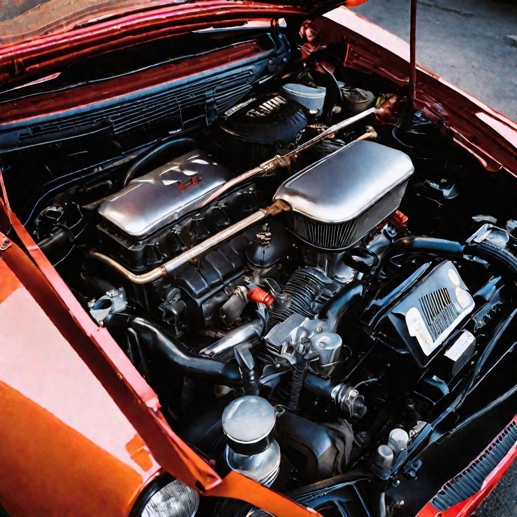 Близкий снимок старой русской машины ВАЗ Ока, двигатель которой модифицирован мотоциклетным двигателем для тюнинга.