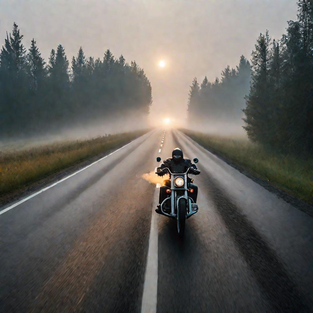 Модифицированная русская Ока мчится по пустой дороге в деревне на туманное утро.
