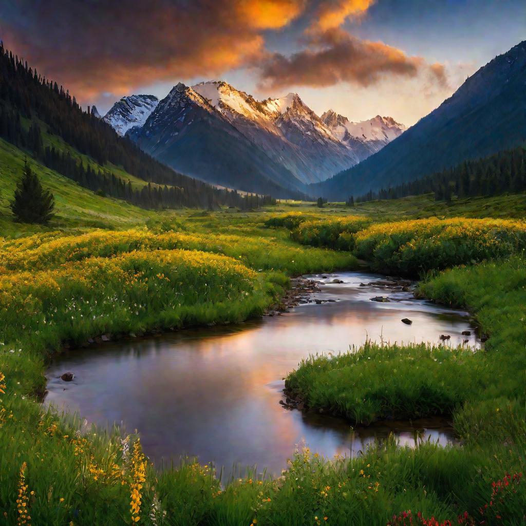 Красивая панорамная фотография пейзажа, демонстрирующая горную долину на рассвете, с золотистым солнечным светом, освещающим сцену. Пышная зеленая трава и полевые цветы покрывают дно долины, окруженной возвышающимися снежными горами. Извилистая река проте