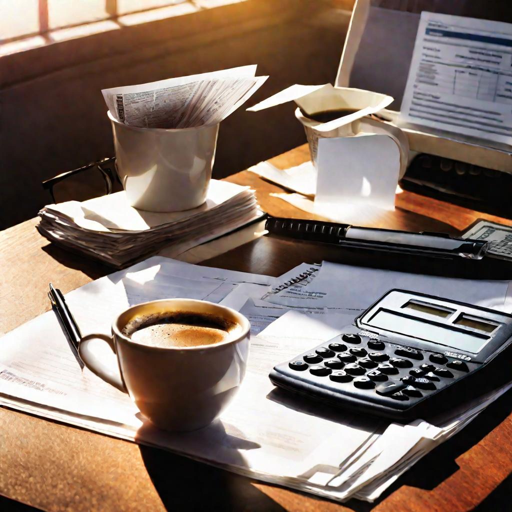Рабочий стол, заваленный финансовыми бумагами, калькулятором, чековой книжкой - рабочее место бухгалтера или налогового специалиста.