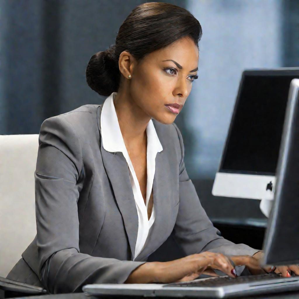 Средний план женщины в деловом костюме, работающей за ноутбуком.