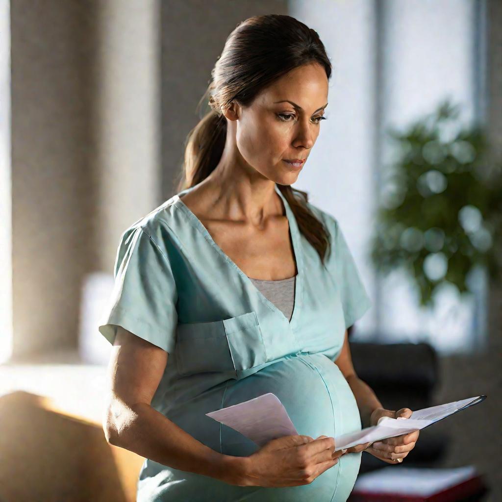 Беременная женщина с серьезным выражением лица на приеме у врача