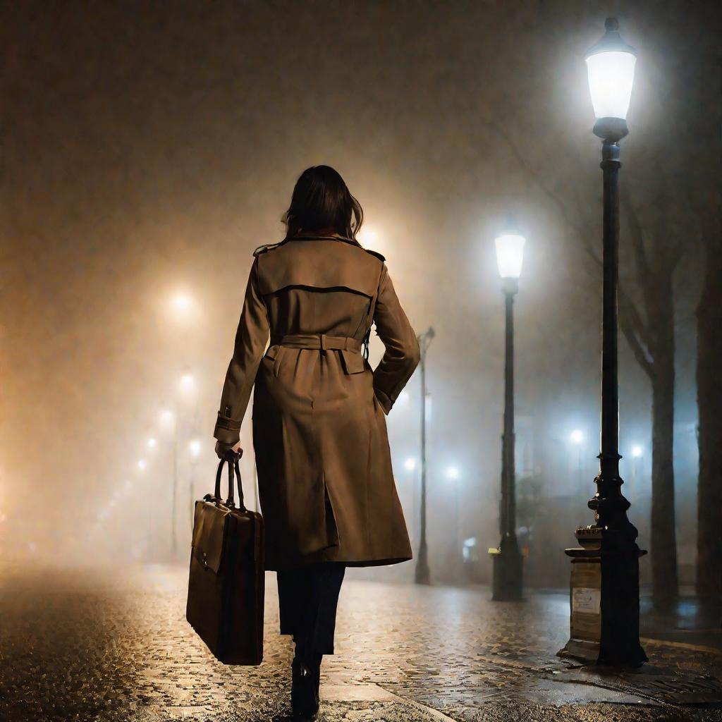 Беременная женщина в деловой одежде идет по улице в туманный осенний вечер