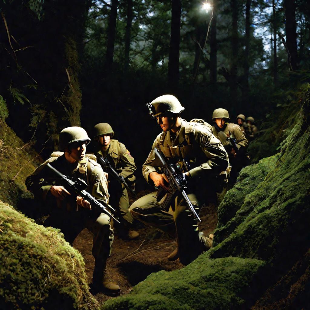 Группа солдат прячется за камнями, высматривая источник вспышки справа и координируя свои действия.