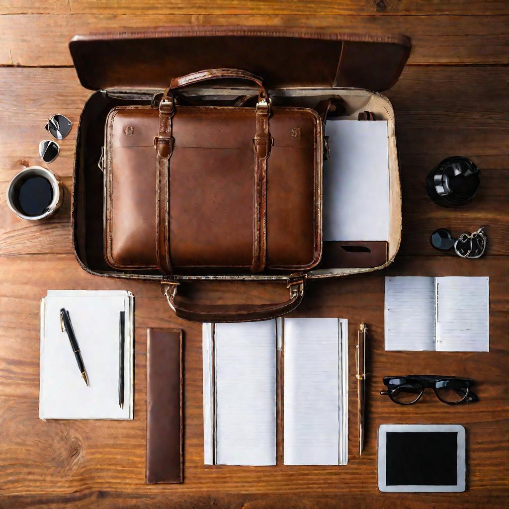 Подробный вид на открытый кожаный портфель с документами и ноутбуком на столе.