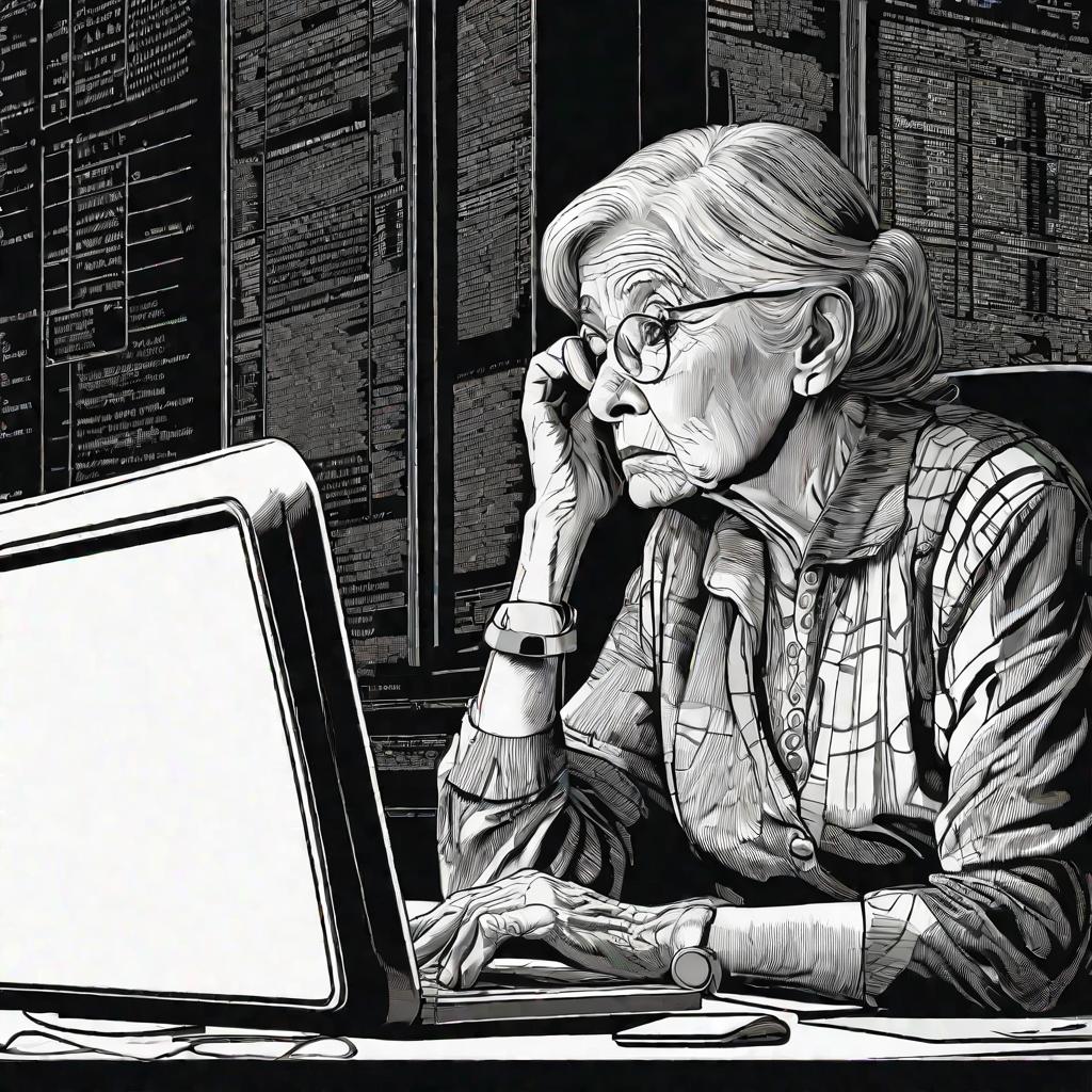 Пожилая женщина в замешательстве от сложной электронной налоговой формы ночью