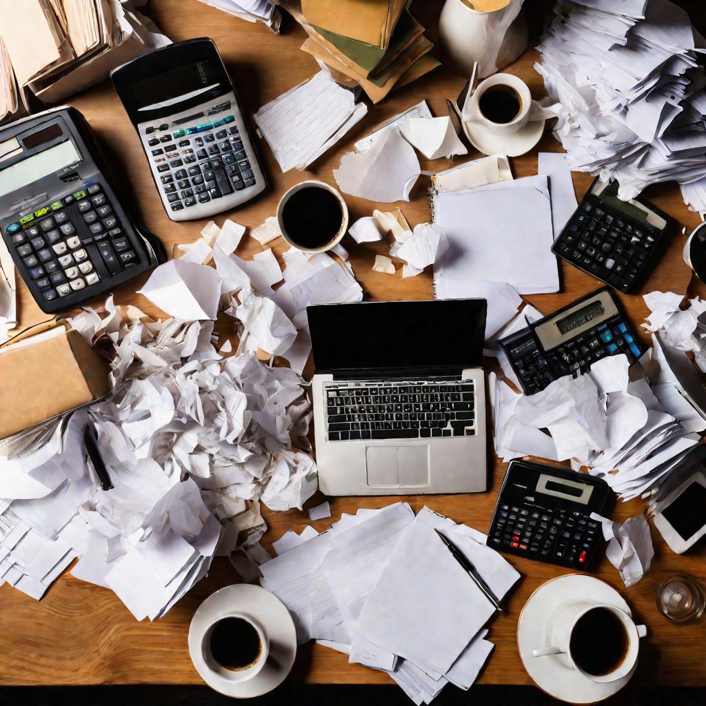 Беспорядок на рабочем столе бухгалтера от подготовки сложной налоговой документации перед дедлайном