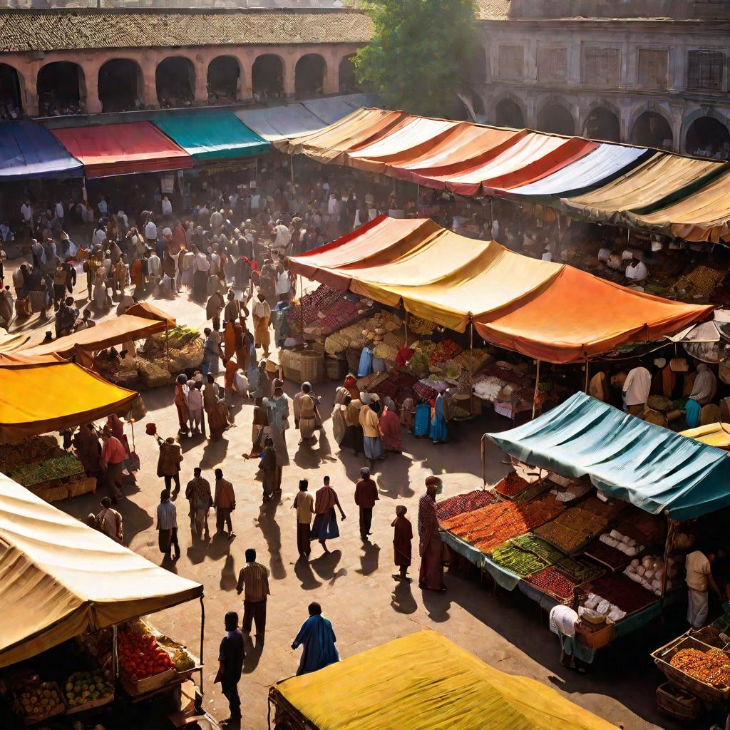 Оживленная утренняя торговля на большом продуктовом рынке под открытым небом в солнечный летний день