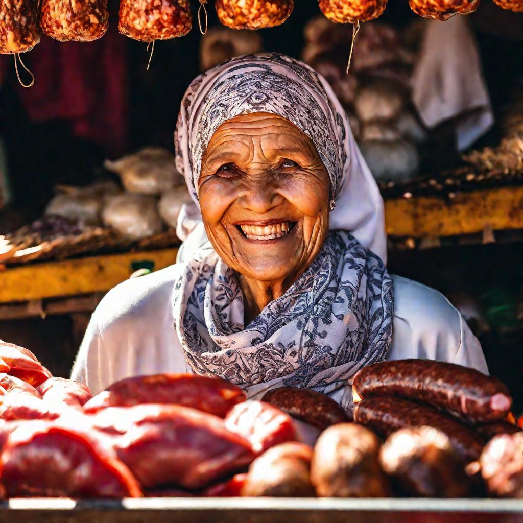 Портрет улыбающейся пожилой женщины-продавца мясной продукции на традиционном рынке