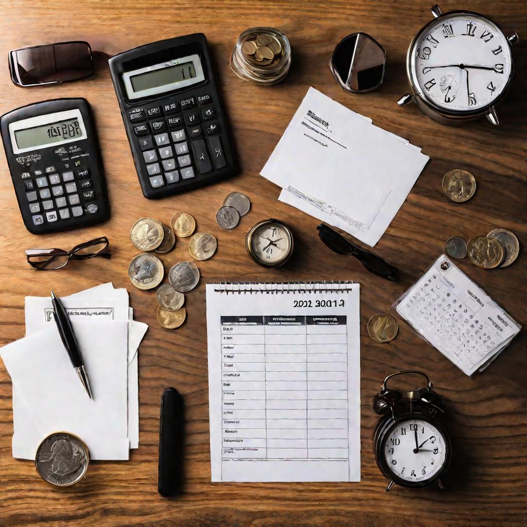 Коллаж на финансовую тематику: монеты, калькулятор, налоговые формы