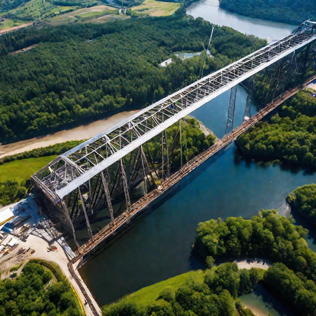 Строительство огромного стального моста через широкую реку