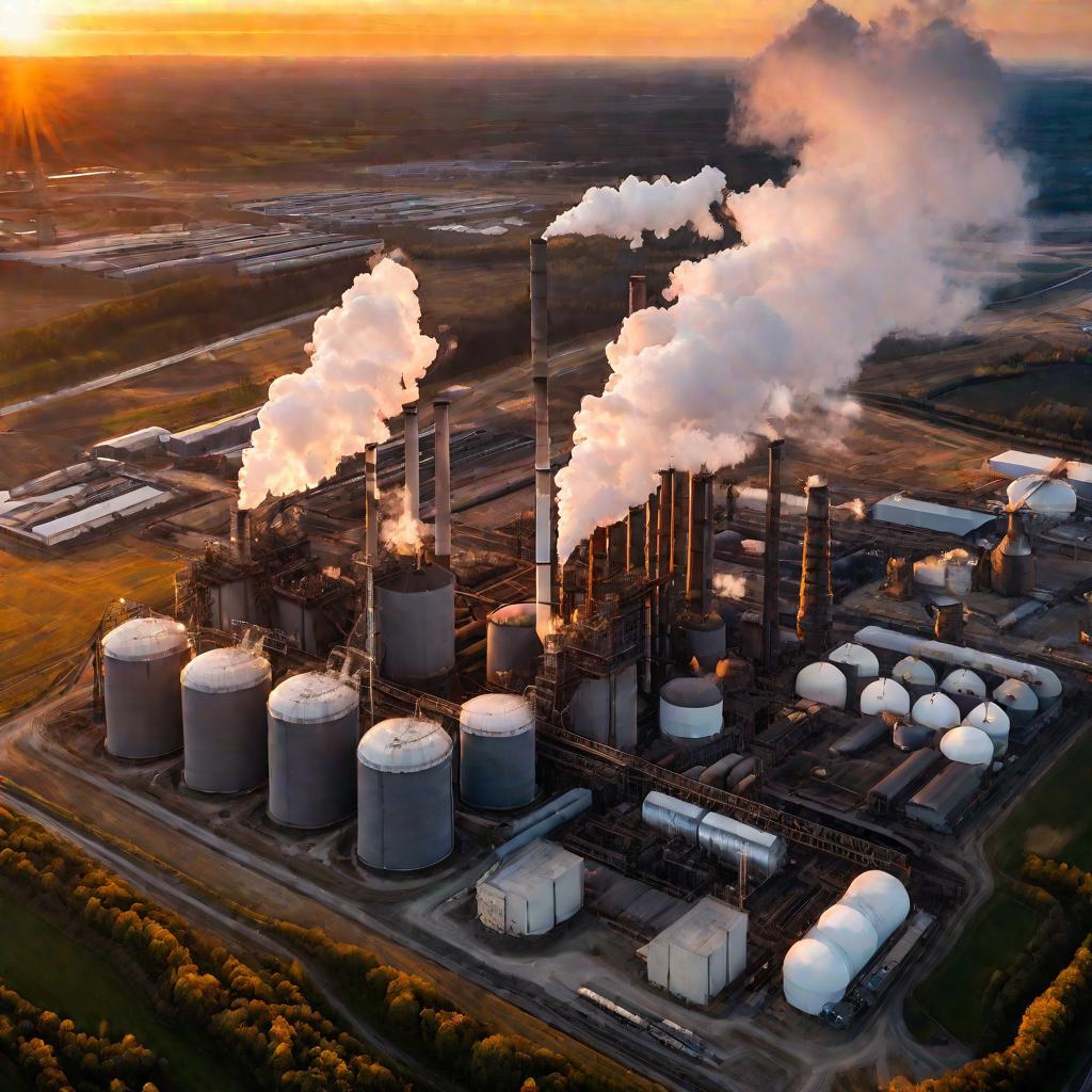 Вид сверху на большой завод по газификации угля на фоне драматического неба в золотой час.