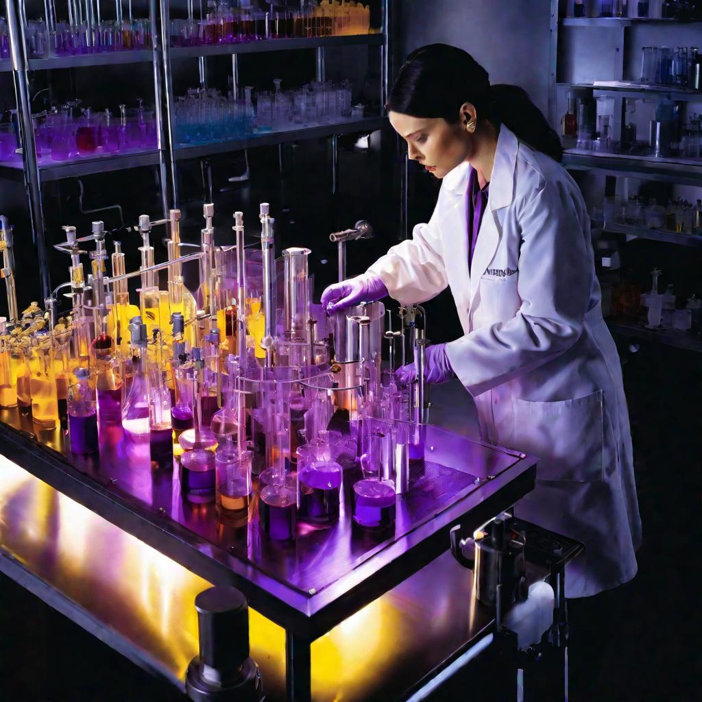 Вид сверху на лабораторию. Женщина-ученый регулирует игольчатый клапан, смешивая жидкости.