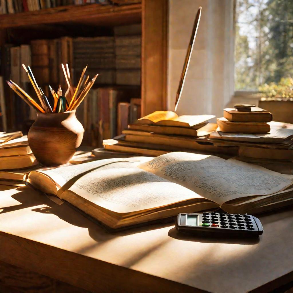 Солнечный свет освещает учебник математики с записями о многочленах Чебышева на столе