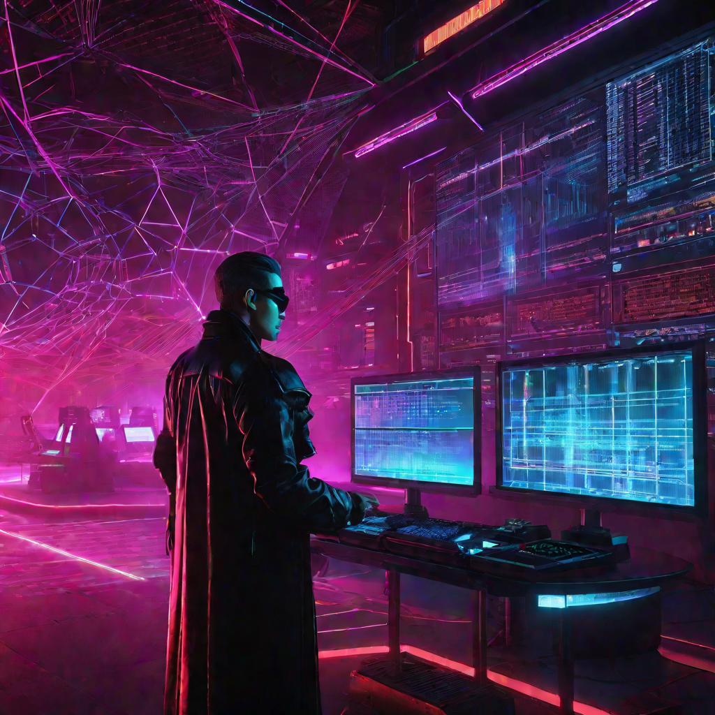 Хакер анализирует граф в киберпанк контрольной комнате