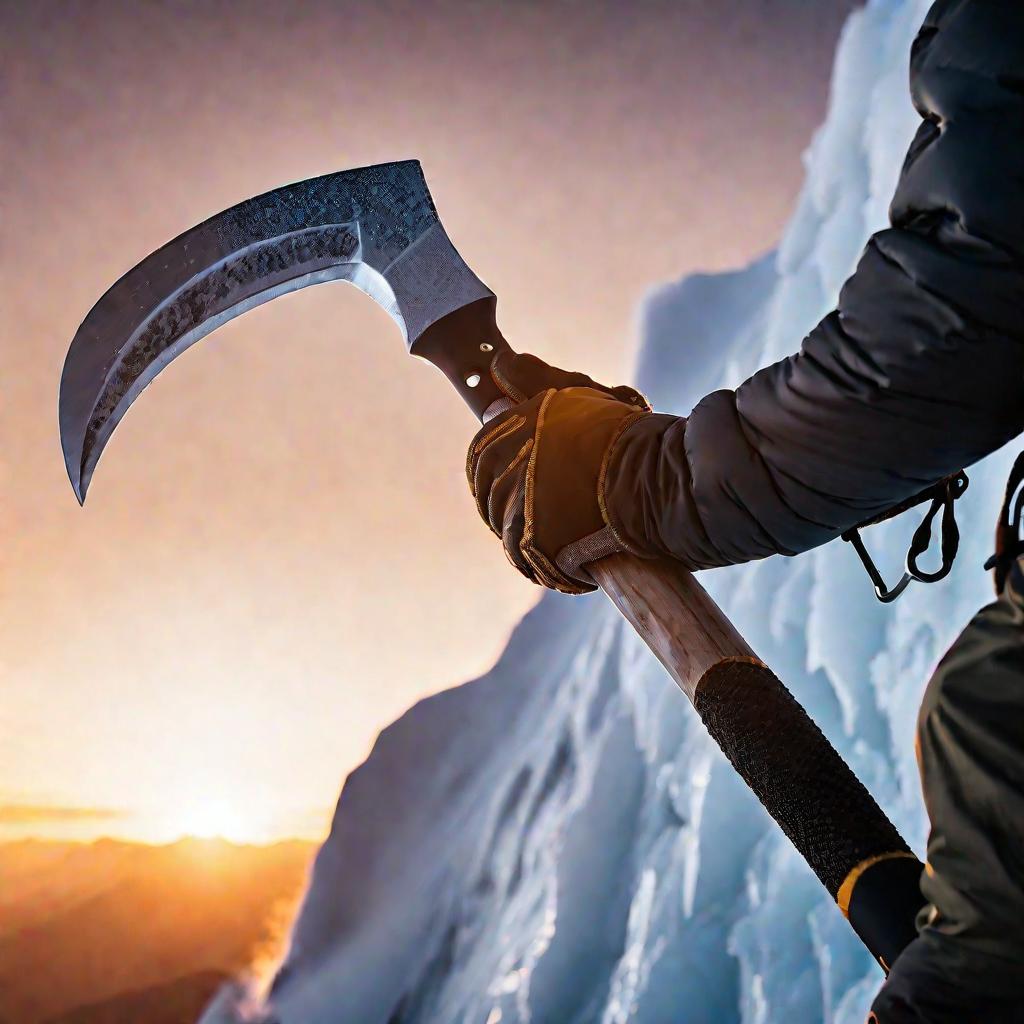 альпинист цепляется за ледоруб на крутом ледяном склоне горы