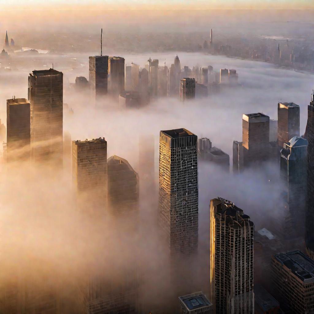 Вид города на рассвете в тумане