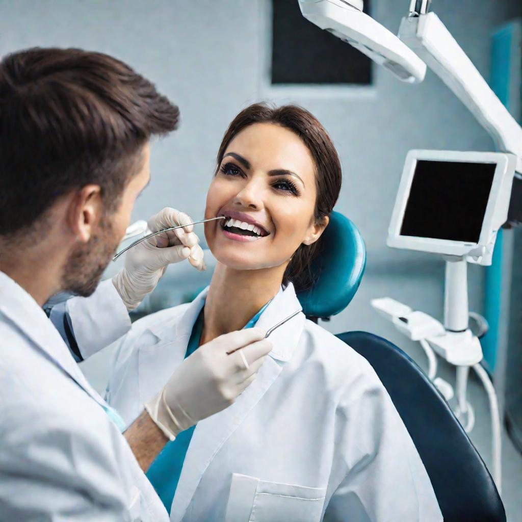 Стоматолог осматривает зубы пациента в кресле