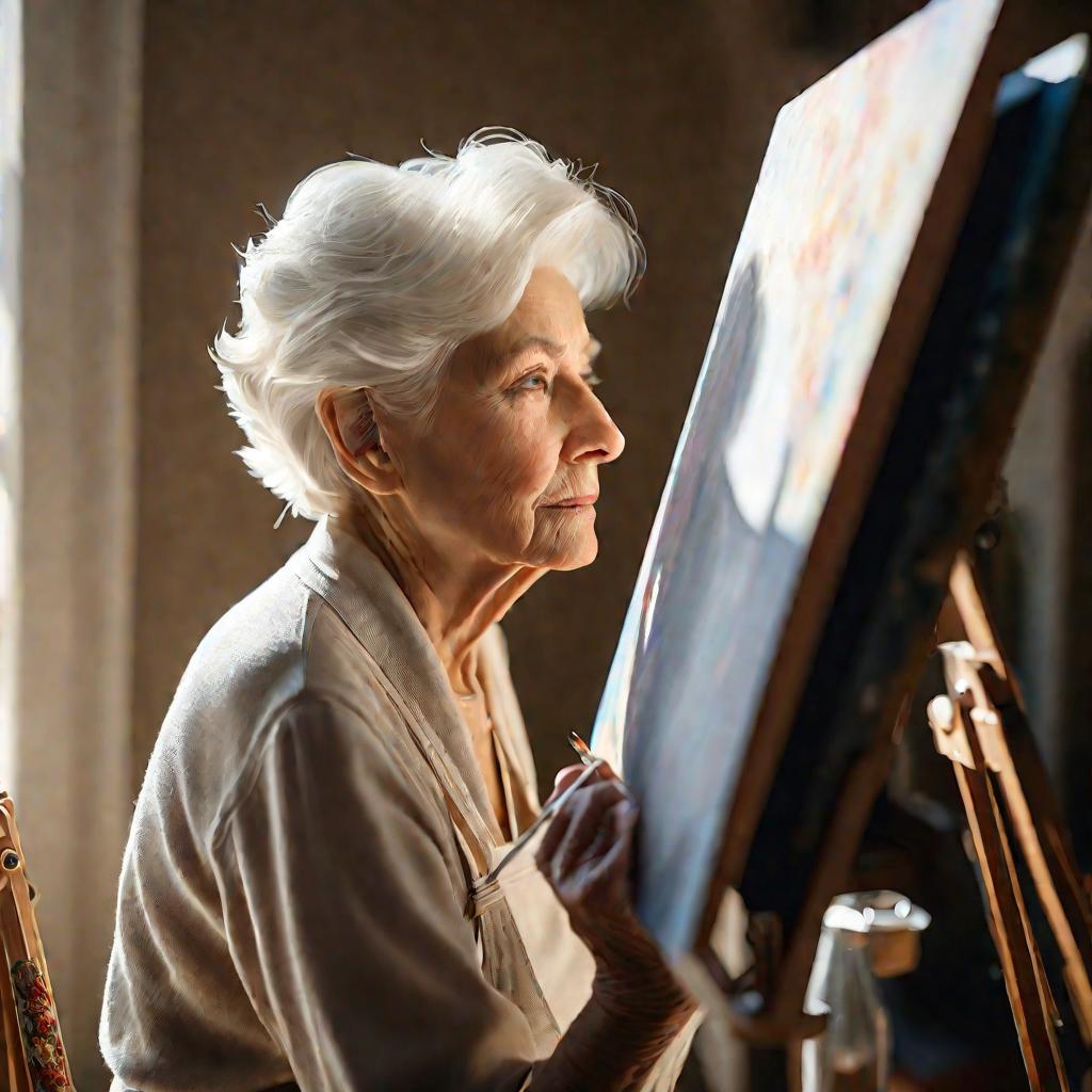 Пожилая женщина рисует в мастерской