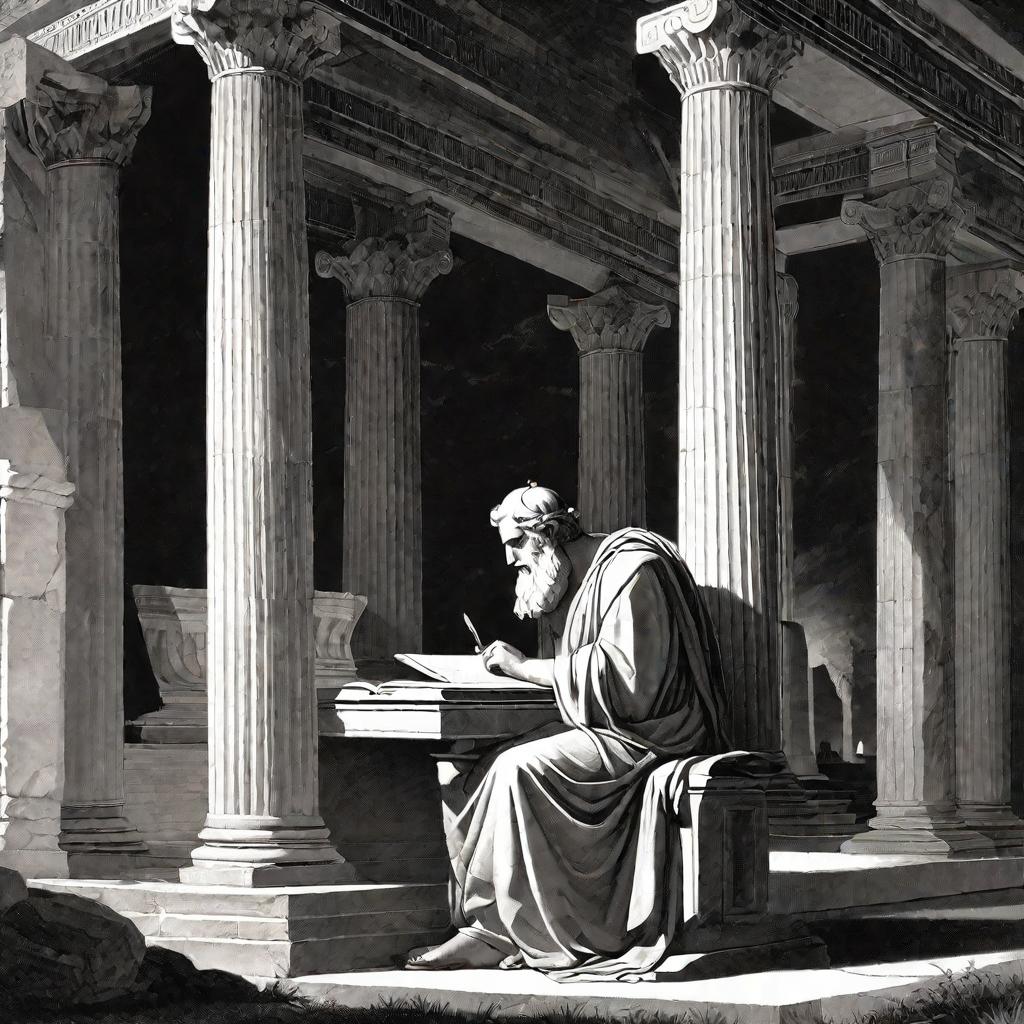 Древнегреческий ученый пишет геометрические доказательства на свитке при свете лампы. Его окружают каменные колонны и арки, по сцене танцуют тени. Настроение созерцательное, но сосредоточенное, оживляющее пионерский дух аксиоматического мышления.