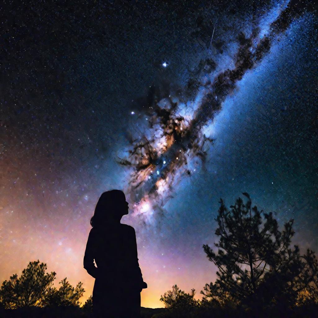 Астроном смотрит на ослепительное ночное небо, усыпанное звездами и туманностями. Она созерцает фундаментальные законы физики и изящество таких аксиоматических систем, как теория относительности и квантовая механика. Чувствуется ощущение изумления и откры