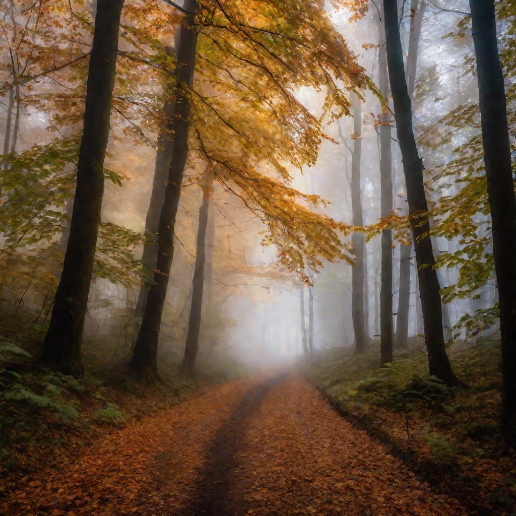 Таинственная тропинка в туманном лесу осенью