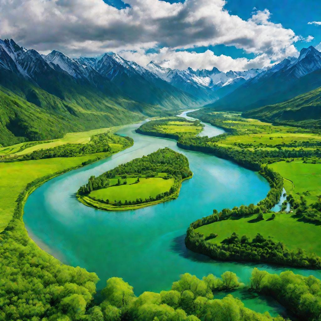Река, извивающаяся сквозь зеленую долину к горам на горизонте.