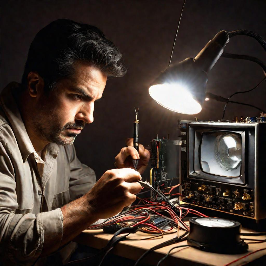 Портрет ремонтирующего телевизор мужчины.