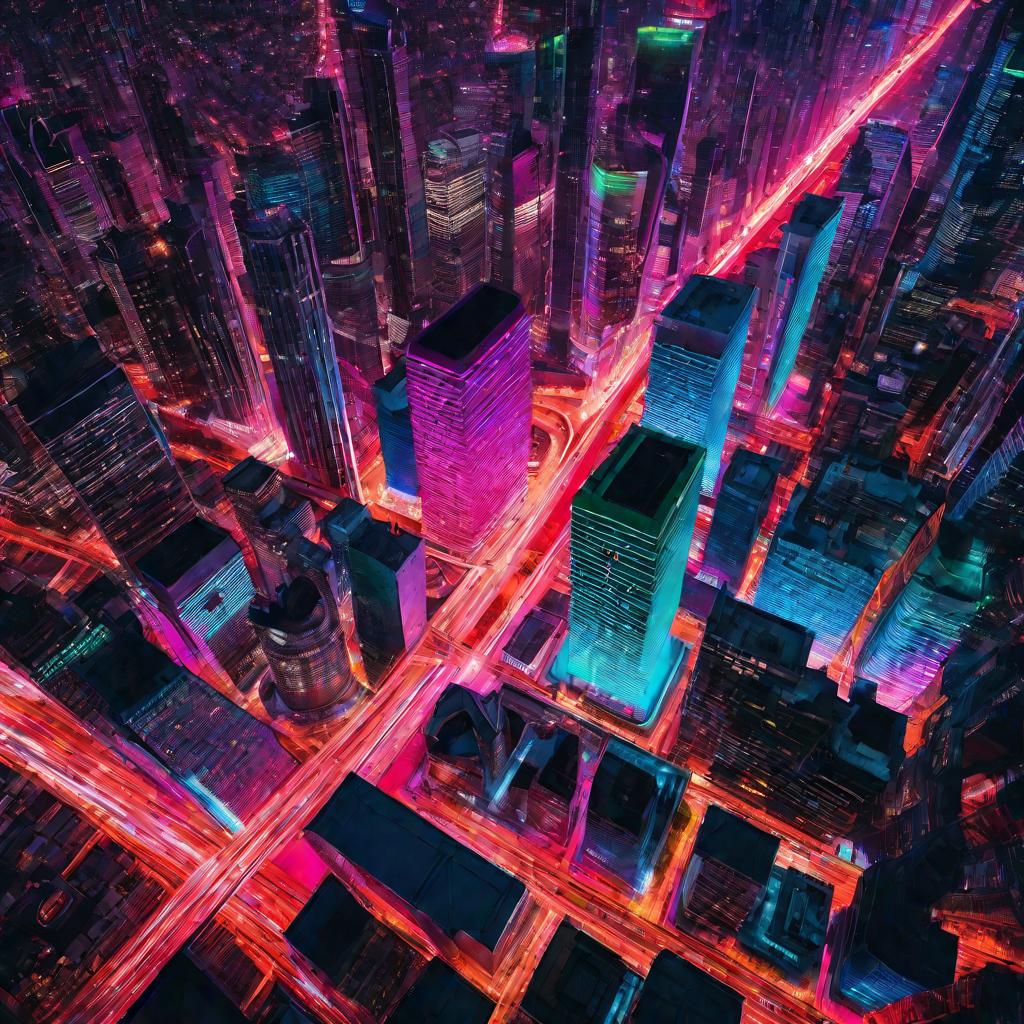 Вид города с небоскребами, светящимися RGB