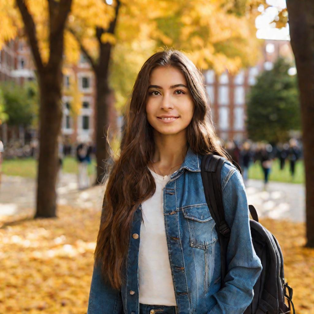 Портрет женского студента университета, идущего по территории кампуса. У нее длинные каштановые волосы, джинсы, футболка и рюкзак. Позади деревья с золотой осенней листвой и старые кирпичные здания университета.