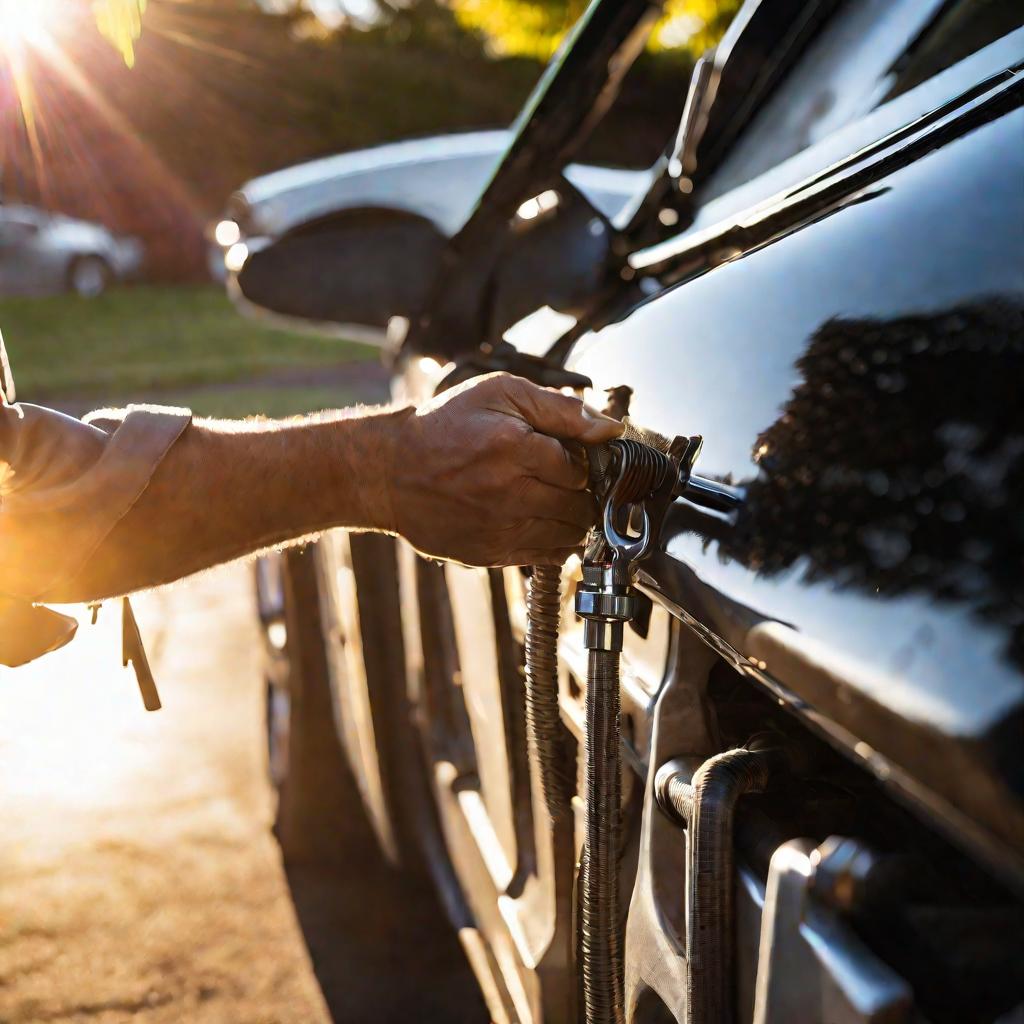 Крупным планом рука автомеханика, затягивающего болт нержавеющего стального силового хомута гаечным ключом, чтобы зафиксировать шланг радиатора автомобиля. Сцена ярко освещена закатным солнцем, проникающим через открытые ворота гаража на заднем плане.