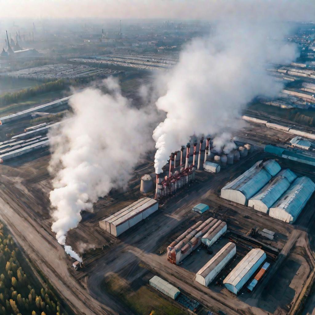Вид с беспилотника сверху на оживленный промышленный район Москвы в туманное утро. Множество заводов и складов заполняют кадр. Столбы дыма поднимаются из труб. Машины и грузовики движутся по дорогам между зданиями.