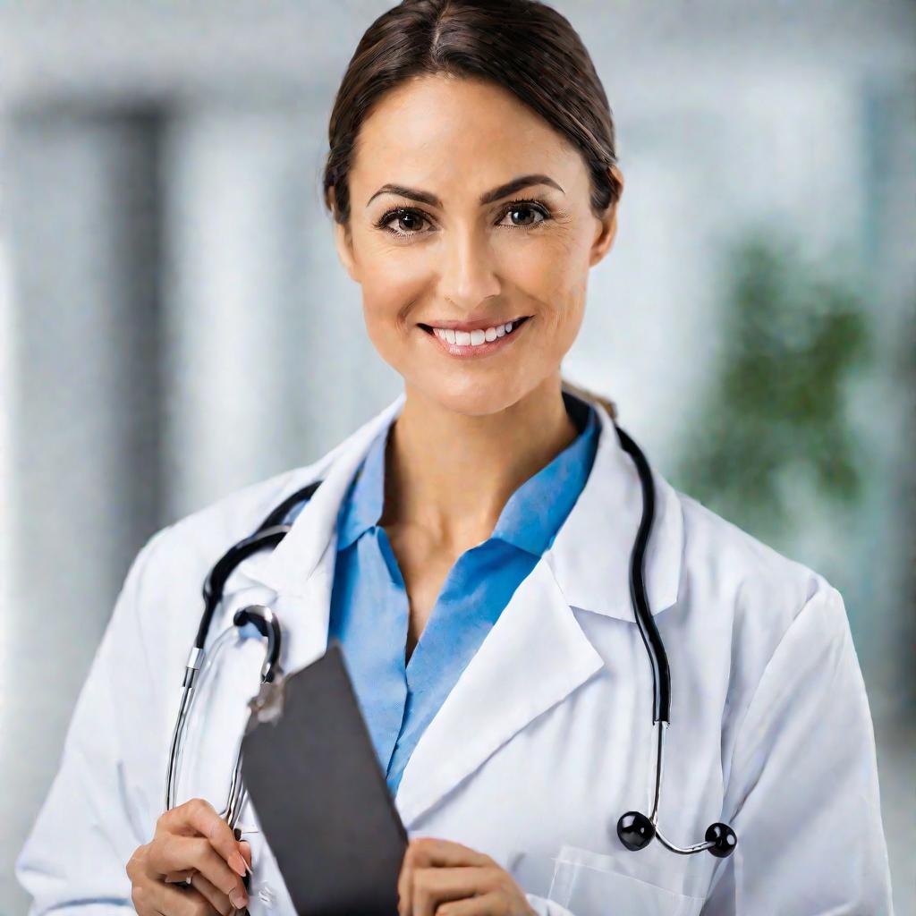 Портрет женщины-врача в белом халате, улыбающейся в камеру на фоне светлого больничного коридора.