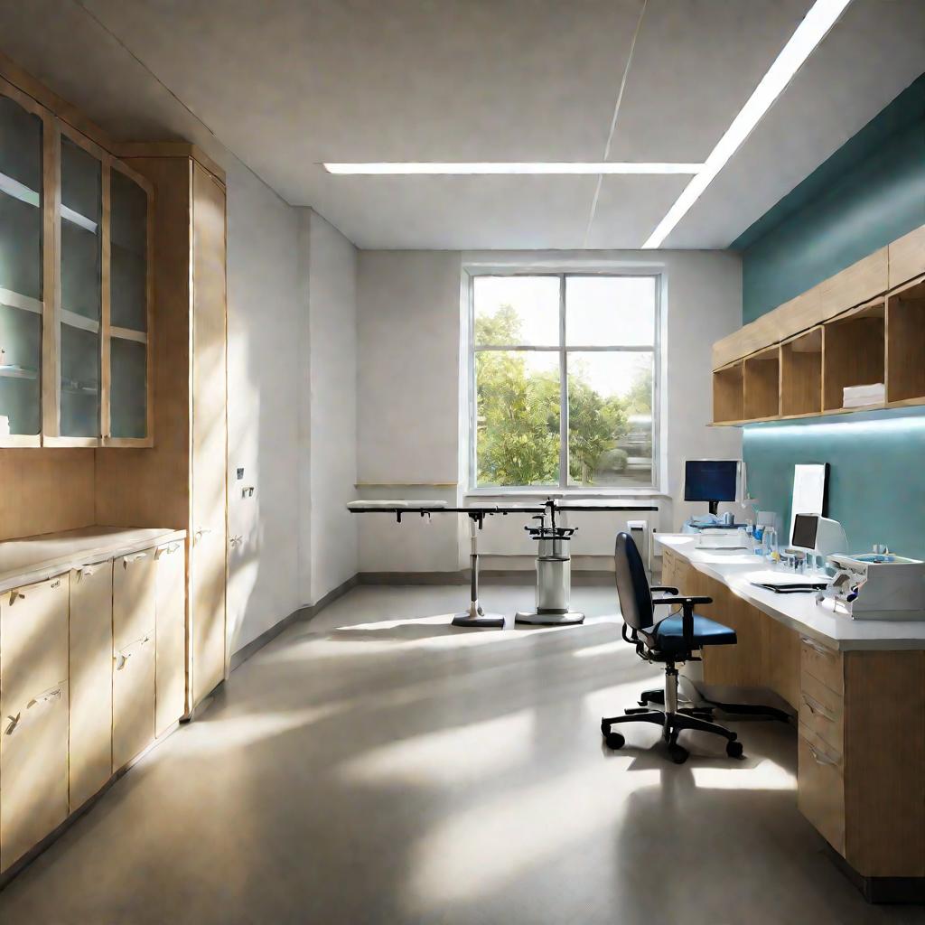 Интерьер современного медицинского кабинета, где врач беседует с пациентом, сидящим на осмотровом столе.