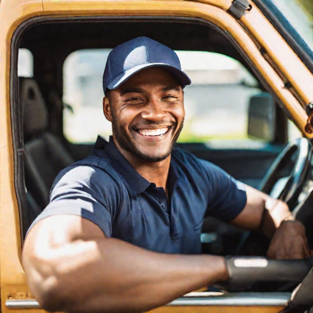 Портрет улыбающегося водителя в кабине грузовика.