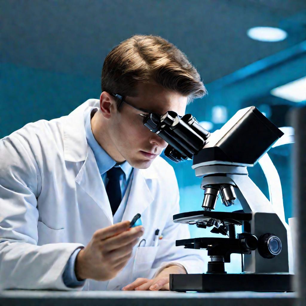 Студент-медик смотрит в микроскоп в лаборатории