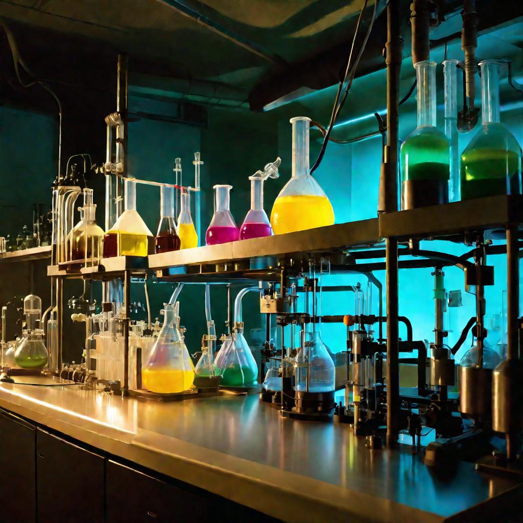 Футуристичная химическая лаборатория с колбами, трубками, горелками и емкостями с разноцветными жидкостями, подсвеченными изнутри