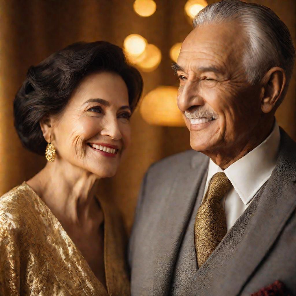 Портрет пожилой пары, улыбающихся друг другу.