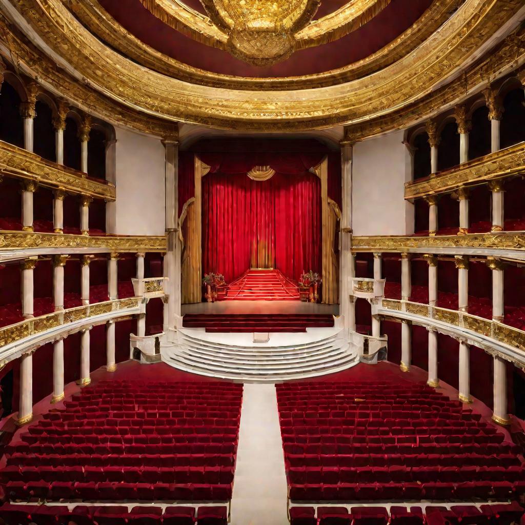 Широкий вид сцены оперного театра 19 века с красным бархатным занавесом, позолоченными декорациями, колоннами, статуями, лестницей и освещением сцены